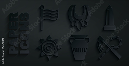 Set Egyptian vase, Obelisk of Alexandria, Sun, Crook flail, necklace and Flag Of icon. Vector