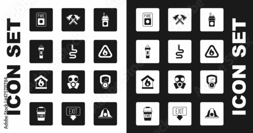 Set Walkie talkie, Fire hose reel, Flashlight, alarm system, flame in triangle, Firefighter axe, Gas mask and burning house icon. Vector