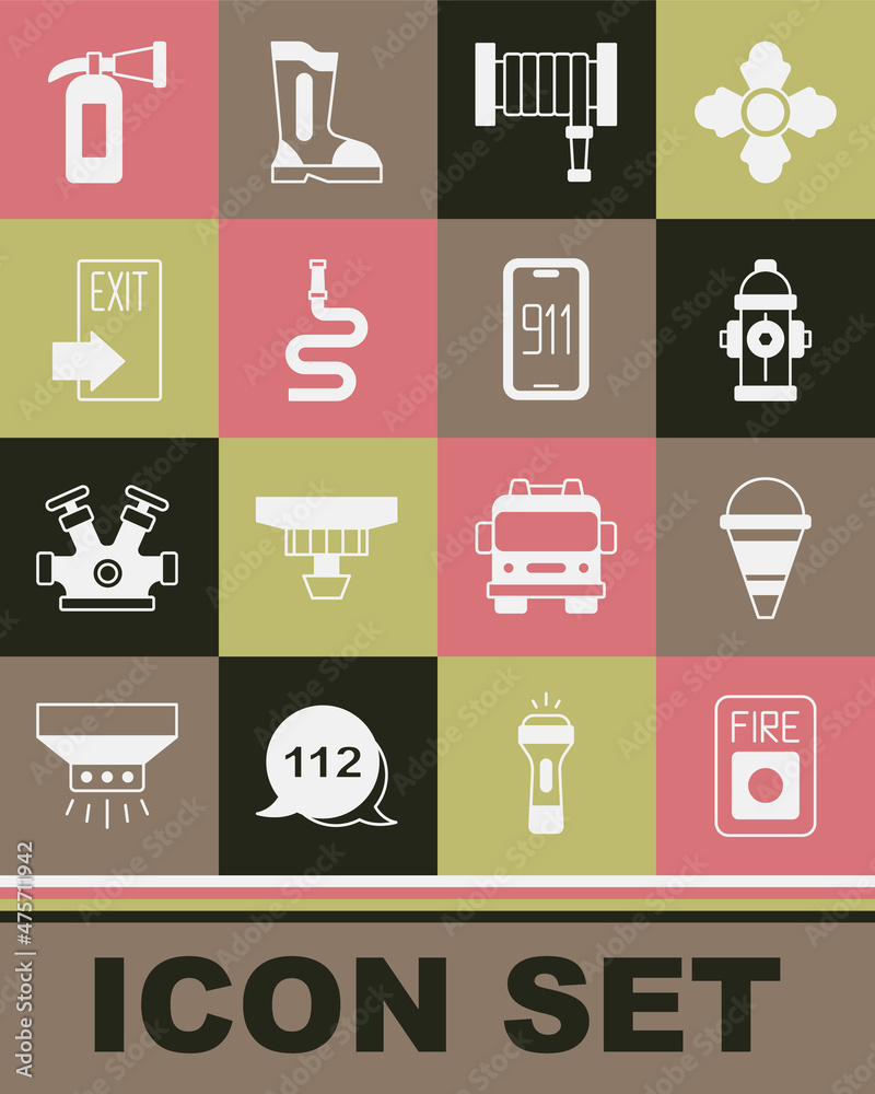 Set Fire alarm system, cone bucket, hydrant, hose reel, exit, extinguisher and Mobile emergency call 911 icon. Vector Set Fire alarm system, cone bucket, hydrant, hose reel, exit, extinguisher and Mobile emergency call 911 icon. Vector