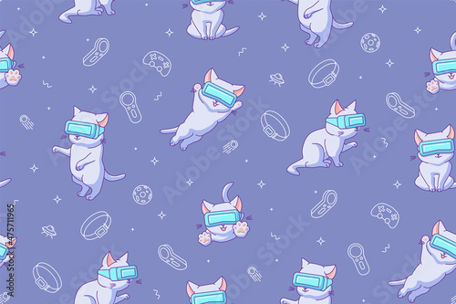 Seamless pattern with cute cats with VR devices in a virtual reality space