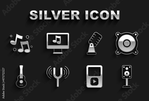 Set Musical tuning fork, Stereo speaker, player, Guitar, Microphone, note, tone and Computer with music icon. Vector