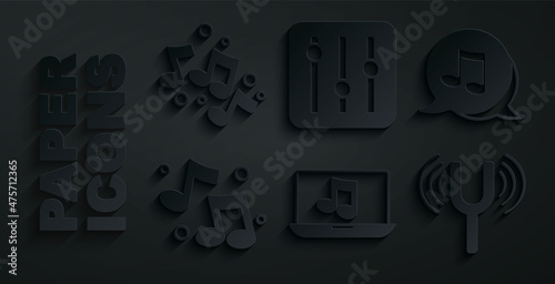 Set Laptop with music, Music note, tone, Musical tuning fork, Sound mixer controller and icon. Vector