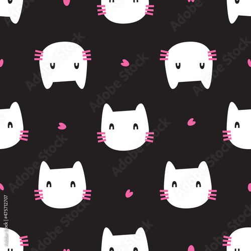 Cat cute cartoons pattern. white cat and pink heart on black background. The seamless cute pattern in a girl, baby fashion. cat doodle. Vector design for fashion, background, fabric, wallpaper.