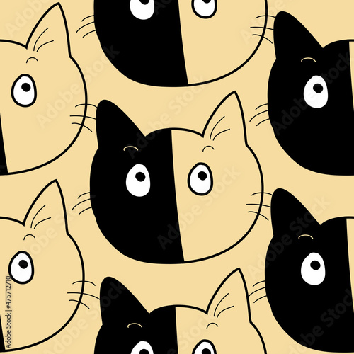 Cat cute cartoons pattern. cat half black face on beige background. The seamless cute pattern in a girl, boy, baby fashion. doodle. Vector design for fashion, background, wrapping paper, wallpaper.