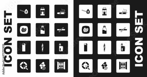 Set Cigar, Vape liquid bottle, Tobacco leaf, Burning match with fire, No smoking, mod device, and Lighter icon. Vector
