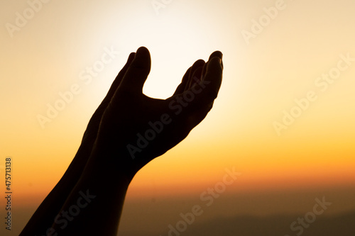 hands open praying up worship. Concept of worship blessing from god. Eucharist Therapy Bless God Helping Repent Catholic Easter Lent Mind Pray. Christian Religion concept background. fighting and vict