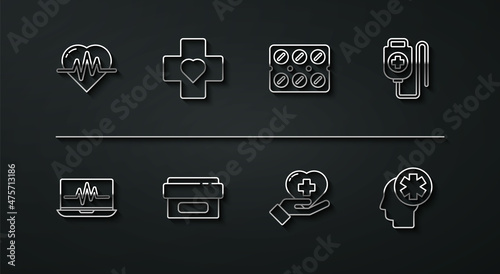 Set line Heart rate, Laptop with cardiogram, IV bag, cross, Ointment cream tube medicine, Male head hospital and Pills blister pack icon. Vector photo