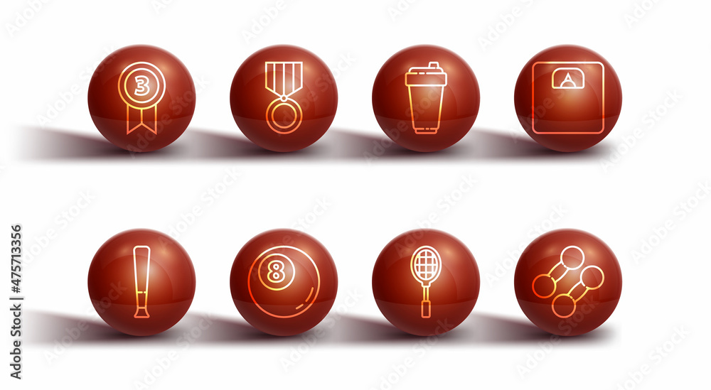 Set line Medal, Baseball bat, Bathroom scales, Tennis racket, Billiard pool snooker, Dumbbell and Fitness shaker icon. Vector Set line Medal, Baseball bat, Bathroom scales, Tennis racket, Billiard pool snooker, Dumbbell and Fitness shaker icon. Vector