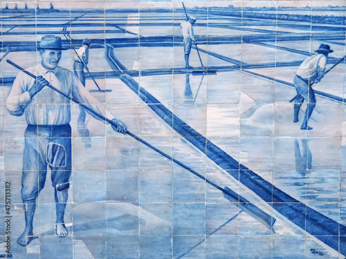 Tiles or Azulejos form a historic motive on the outide facade of Aveiro railway station in Portugal