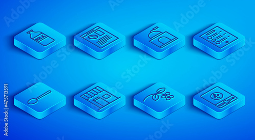 Set line Bottle with milk, Newspaper and coffee, Manual grinder, Coffee shop, bean, branch, menu, Spoon and Electronic scales icon. Vector