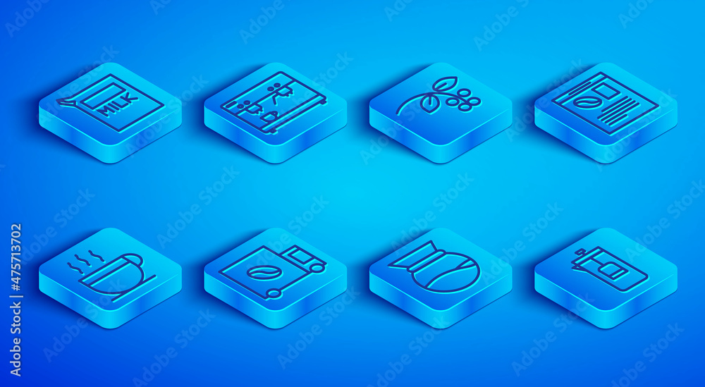 Set line Paper package for milk, Coffee machine, bean, branch, street truck, Pour over coffee maker, Newspaper and, cup and French press icon. Vector Set line Paper package for milk, Coffee machine, bean, branch, street truck, Pour over coffee maker, Newspaper and, cup and French press icon. Vector