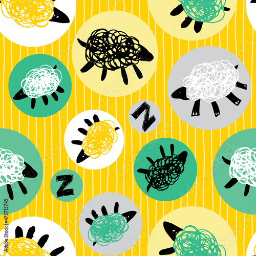 Vector yellow circles sheep zzz counting with stripes cute doodles seamless pattern. Suitable for textile, gift wrap and wallpaper.