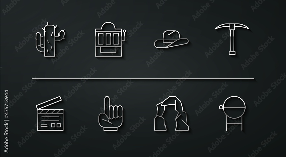 Set line Cactus, Movie clapper, Pickaxe, Grand canyon, Number 1 one fan hand glove, Slot machine, Barbecue grill and Western cowboy hat icon. Vector Set line Cactus, Movie clapper, Pickaxe, Grand canyon, Number 1 one fan hand glove, Slot machine, Barbecue grill and Western cowboy hat icon. Vector