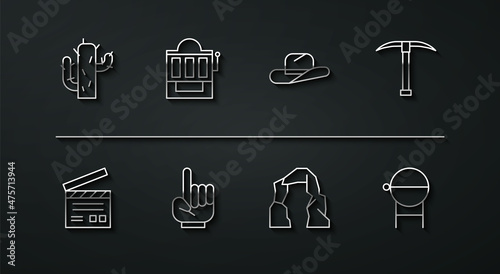 Set line Cactus, Movie clapper, Pickaxe, Grand canyon, Number 1 one fan hand glove, Slot machine, Barbecue grill and Western cowboy hat icon. Vector