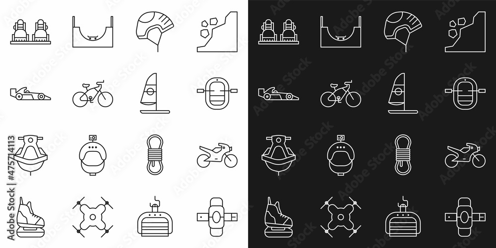 Set line Knee pads, Motorcycle, Rafting boat, Helmet, Bicycle, Formula 1 racing car, Snowboard and Windsurfing icon. Vector Set line Knee pads, Motorcycle, Rafting boat, Helmet, Bicycle, Formula 1 racing car, Snowboard and Windsurfing icon. Vector