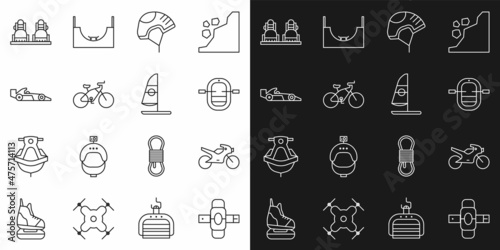 Set line Knee pads, Motorcycle, Rafting boat, Helmet, Bicycle, Formula 1 racing car, Snowboard and Windsurfing icon. Vector