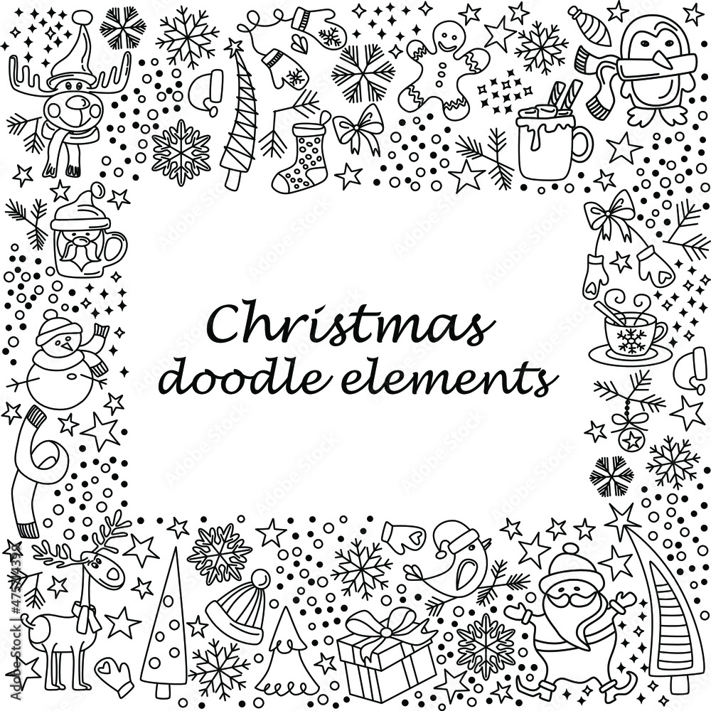Vector winter Holidays frame. Card from christmas icons of design elements in hand drawn doodle style. Vector winter Holidays frame. Card from christmas icons of design elements in hand drawn doodle style.