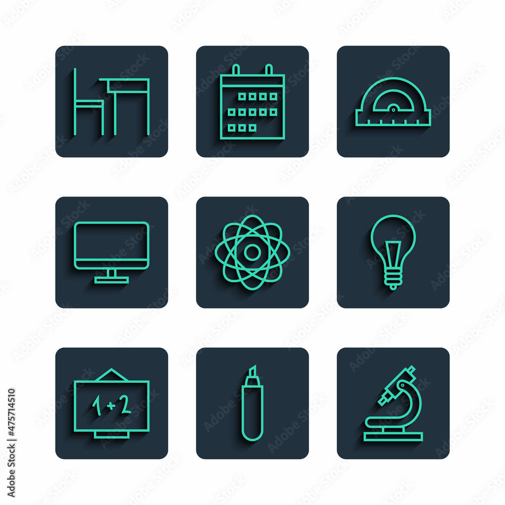 Set line Chalkboard, Marker pen, Microscope, Protractor, Atom, Computer monitor screen, School table and chair and Light bulb with concept of idea icon. Vector
