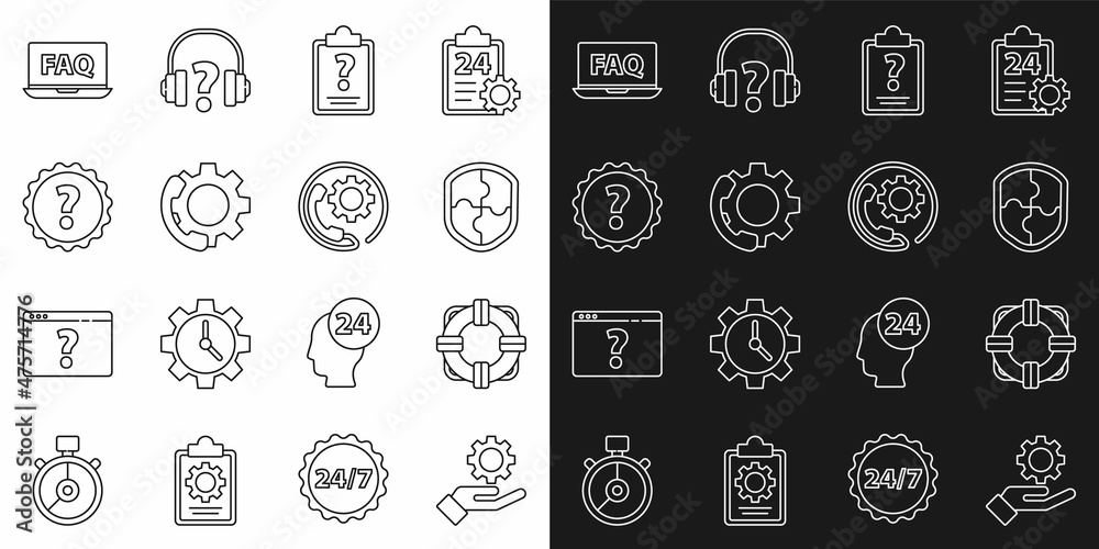 Set line Settings in the hand, Lifebuoy, Shield, Clipboard with question marks, Telephone 24 hours support, Question, Laptop FAQ and icon. Vector