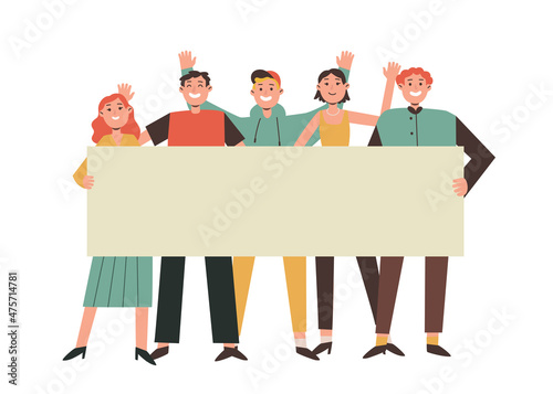 Group of young men and women waving hands and holding blank banner. Happy people standing together. Male and female protesters or activists. Cute hand drawn vector  flat cartoon style illustration. 