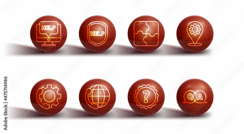 Set line Computer monitor and help, Telephone 24 hours support, Location with gear, Question mark, Shield text Help, Answer and Piece of puzzle icon. Vector Set line Computer monitor and help, Telephone 24 hours support, Location with gear, Question mark, Shield text Help, Answer and Piece of puzzle icon. Vector