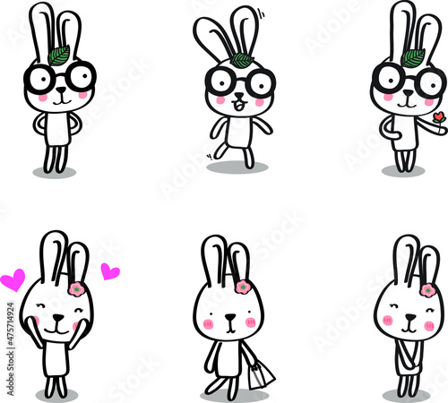 Cute easter white bunny. Rabbit cartoon vector collection. Animal character.