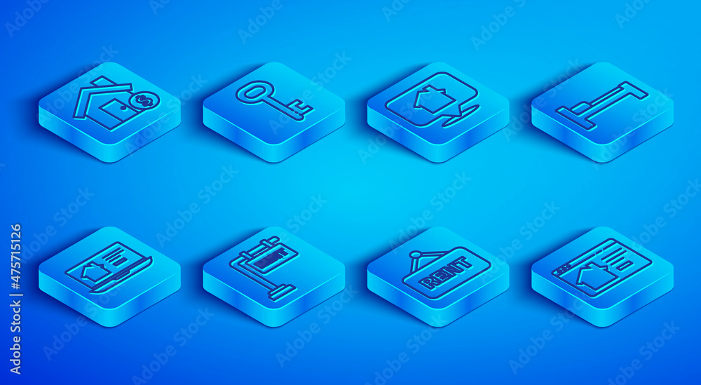 Set line House with dollar symbol, key, Location house, Hanging sign Rent, Bed, Online real estate and icon. Vector Set line House with dollar symbol, key, Location house, Hanging sign Rent, Bed, Online real estate and icon. Vector
