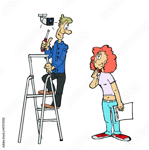 Man standing on ladder installing a security camera while woman is looking holding a piece of paper.