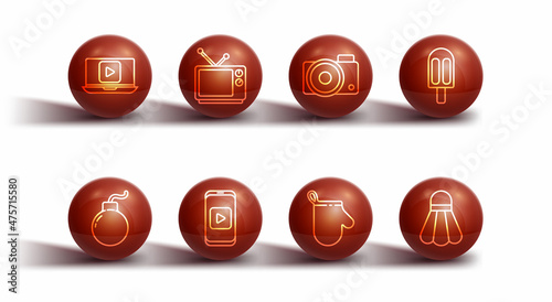 Set line Online play video, Bomb ready to explode, Ice cream, Oven glove, Retro tv, Badminton shuttlecock and Photo camera icon. Vector