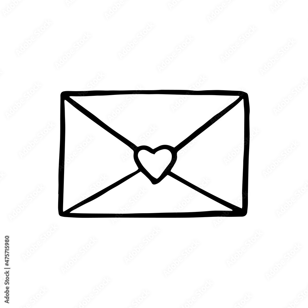 Outline envelope with heart shape as adhesive stamp. Cute doodle hand drawn vector Outline envelope with heart shape as adhesive stamp. Cute doodle hand drawn vector