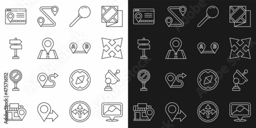 Set line Location, Radar, Road traffic sign, Push pin, Infographic of city map navigation and Route location icon. Vector