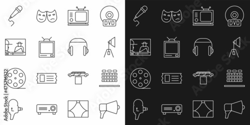 Set line Megaphone, Cinema auditorium with seats, Movie spotlight, Retro tv, Online play video, Microphone and Headphones icon. Vector
