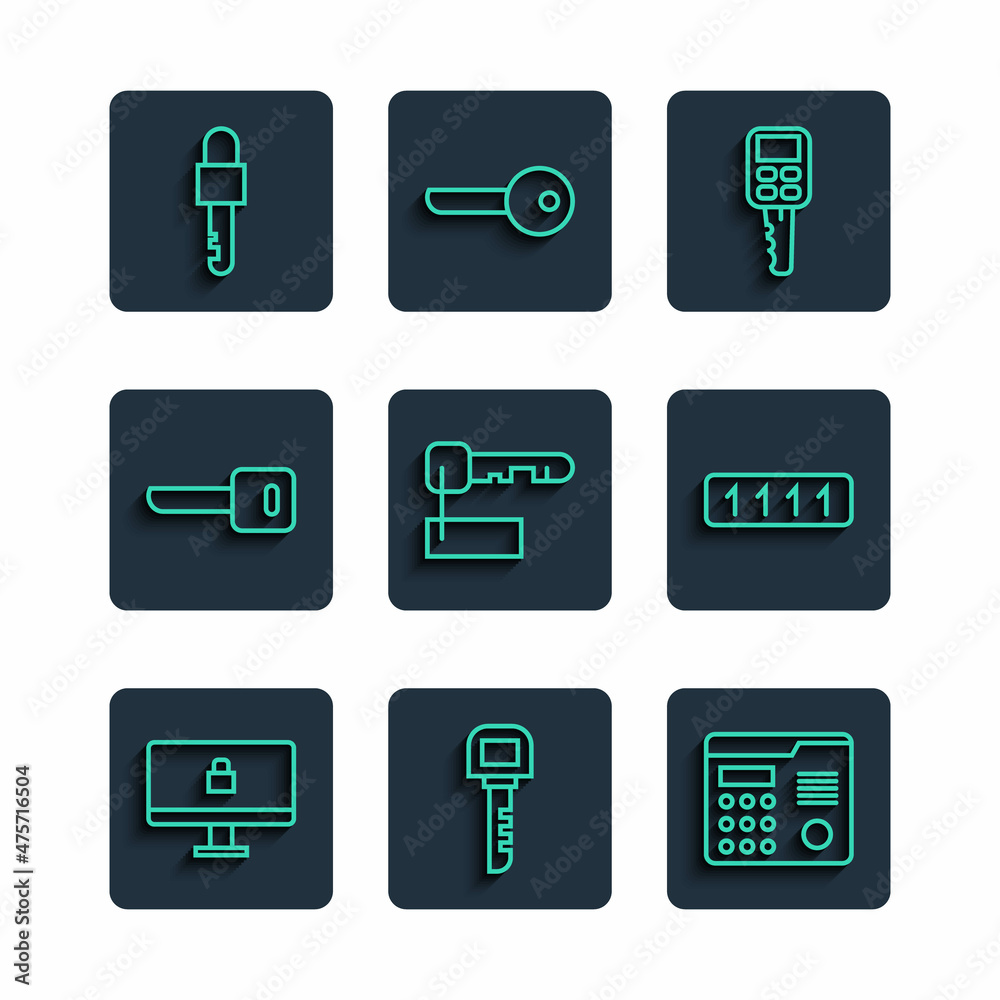 Set line Lock on computer monitor, Key, House intercom system, Car key with remote, Marked, Locked and Password protection icon. Vector