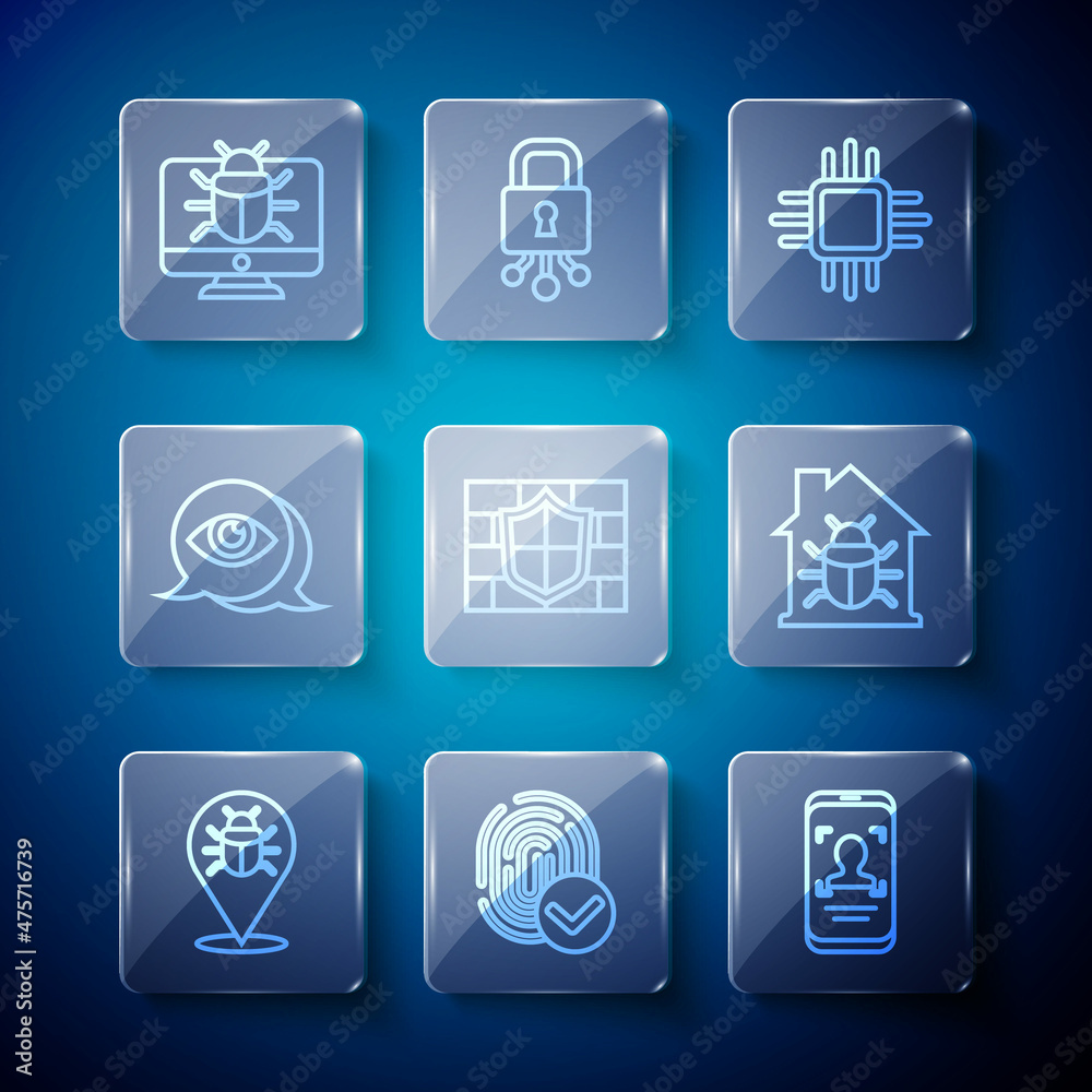 Set line System bug, Fingerprint, Mobile and face recognition, Processor with microcircuits CPU, Shield brick wall, Eye scan, monitor and House system icon. Vector Set line System bug, Fingerprint, Mobile and face recognition, Processor with microcircuits CPU, Shield brick wall, Eye scan, monitor and House system icon. Vector