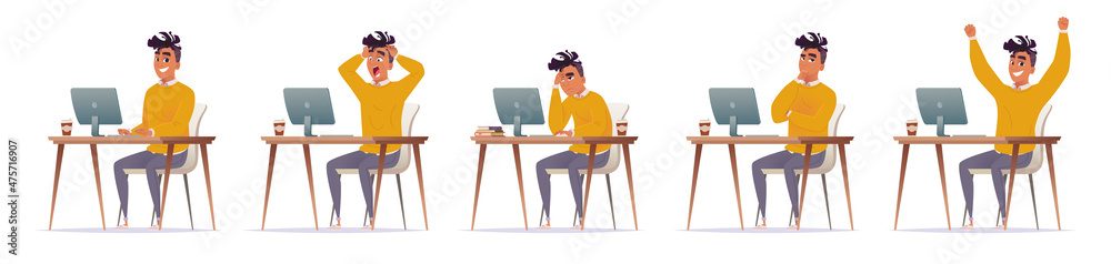 Set of different emotions of young African American guy working at his desk at computer: smiles, upset, tired, thinks Set of different emotions of young African American guy working at his desk at computer: smiles, upset, tired, thinks