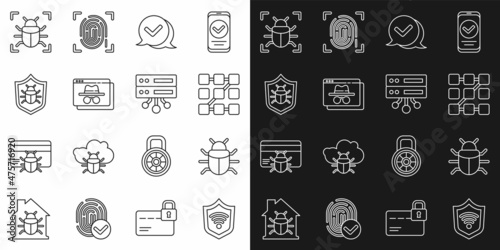 Set line Shield with WiFi wireless, System bug, Graphic password protection, Check mark in speech bubble, Browser incognito window, and Server, Data, Web Hosting icon. Vector
