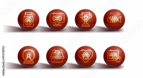 Set line Bag of food, Hamster wheel, Fish skeleton, Heart with animals footprint, Pet carry case, Dog bone, Veterinary hospital and award icon. Vector