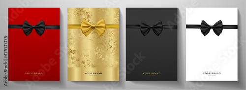 Holiday cover design set. Luxury red, gold, white background with black tie (bow butterfly). Formal premium vector collection template for vip invitation (luxe invite card), gathering, award