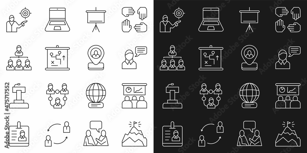 Set line Mountains with flag, Training, presentation, Speech bubble chat, Chalkboard, Planning strategy concept, Hierarchy organogram chart, Marketing target and Worker location icon. Vector