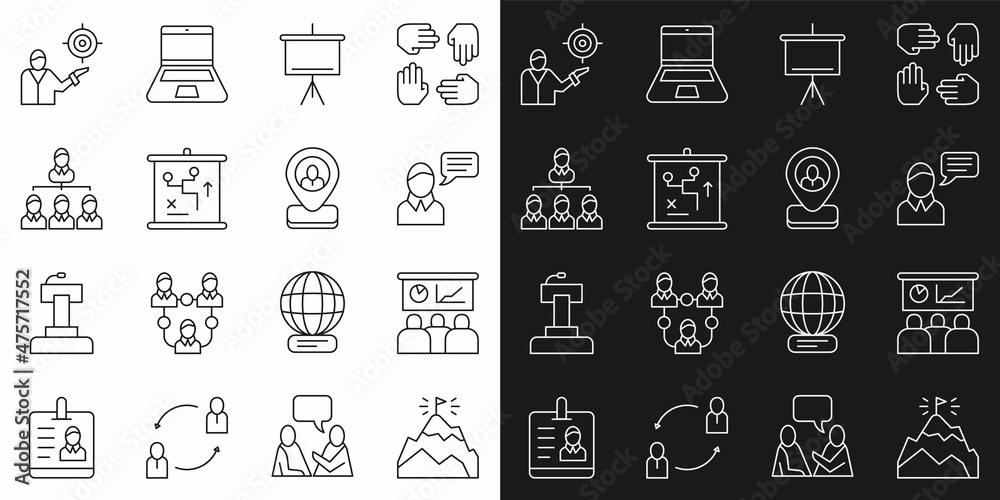 Set line Mountains with flag, Training, presentation, Speech bubble chat, Chalkboard, Planning strategy concept, Hierarchy organogram chart, Marketing target and Worker location icon. Vector Set line Mountains with flag, Training, presentation, Speech bubble chat, Chalkboard, Planning strategy concept, Hierarchy organogram chart, Marketing target and Worker location icon. Vector