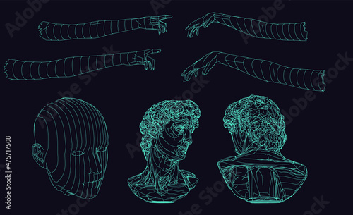 Set of 3D models of gypsum heads. Cyberpunk sci-fi style vector illustration.