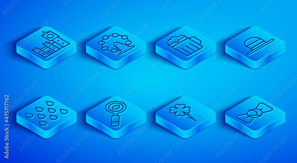 Set line Big Ben tower, London eye, Wooden beer mug, Magnifying glass, Four leaf clover, Elegant women hat, Water drop and Bow tie icon. Vector Set line Big Ben tower, London eye, Wooden beer mug, Magnifying glass, Four leaf clover, Elegant women hat, Water drop and Bow tie icon. Vector