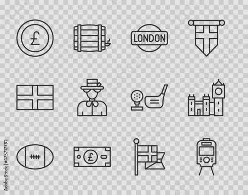 Set line Rugby ball, Tram and railway, London sign, Pound sterling money, Coin with pound, Queen Elizabeth, England flag flagpole and Big Ben tower icon. Vector