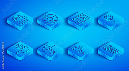 Set line Wooden beer mug, Football ball, Pound sterling money, Umbrella, cricket bat and, Four leaf clover, Smoking pipe and London phone booth icon. Vector