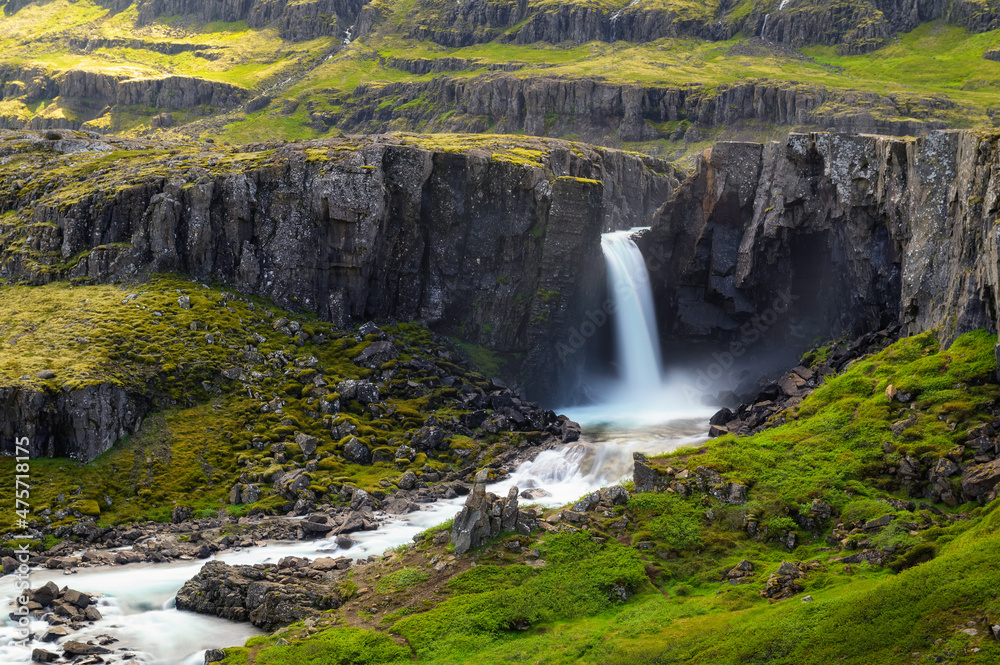 Aerial view of the Folaldafoss waterfall in the east of Iceland Aerial view of the Folaldafoss waterfall in the east of Iceland