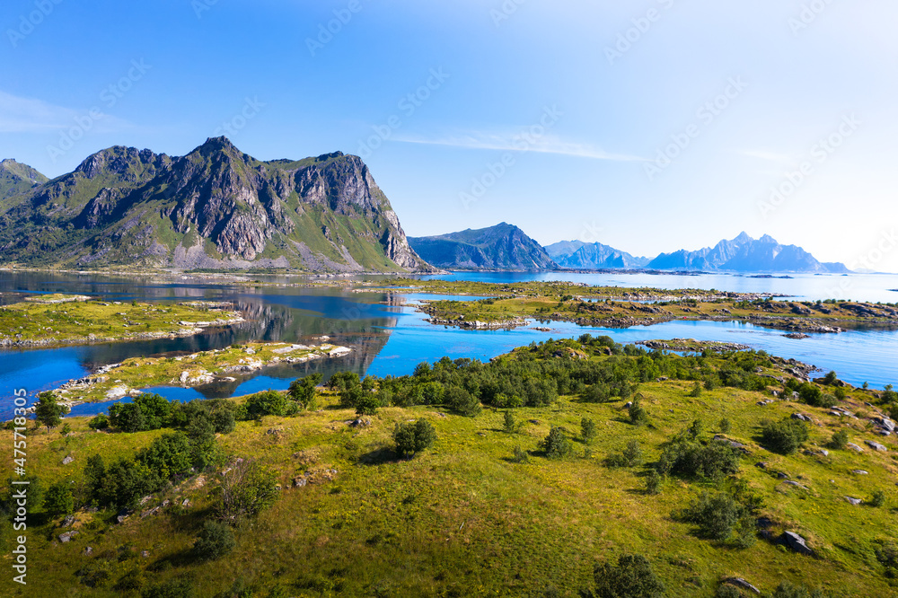 Aerial landscape of Lofoten Islands in Norway with mountains and ocean