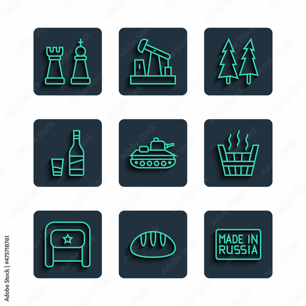 Set line Ushanka, Bread loaf, Made in Russia, Christmas tree, Military tank, Bottle of vodka with glass, Chess and Sauna bucket icon. Vector Set line Ushanka, Bread loaf, Made in Russia, Christmas tree, Military tank, Bottle of vodka with glass, Chess and Sauna bucket icon. Vector