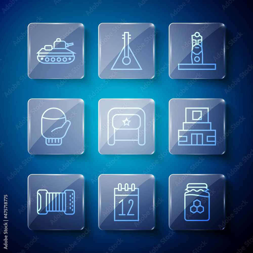 Set line Accordion, Calendar 12 june, Jar of honey, Slavic pagan idol, Ushanka, Christmas mitten, Military tank and Mausoleum Lenin icon. Vector Set line Accordion, Calendar 12 june, Jar of honey, Slavic pagan idol, Ushanka, Christmas mitten, Military tank and Mausoleum Lenin icon. Vector