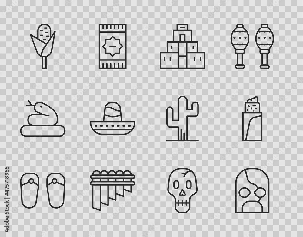 Fototapeta premium Set line Flip flops, Mexican wrestler, Chichen Itza in Mayan, Pan flute, Corn, sombrero, Skull and Burrito icon. Vector