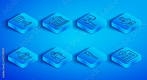 Set line Medieval goblet, Museum building, guide, Gives lecture, Paint brush, Ancient bust sculpture, amphorae and Information icon. Vector